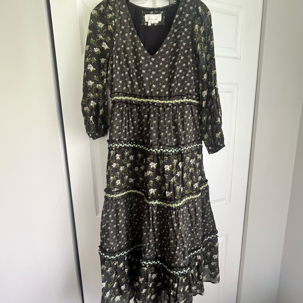 Anthropologie Black Maxi Dress with Green Floral Print